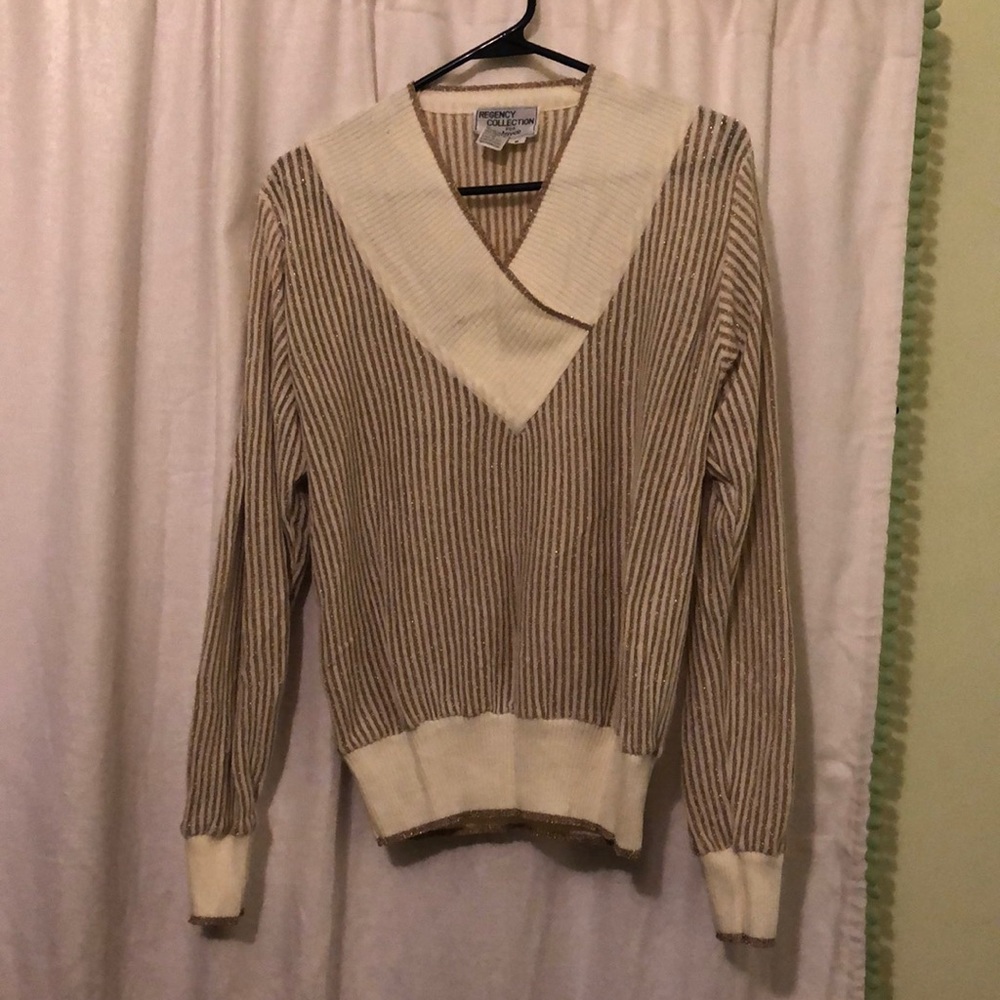 Gold and Cream V Neck Lurex Pullover Sweater
